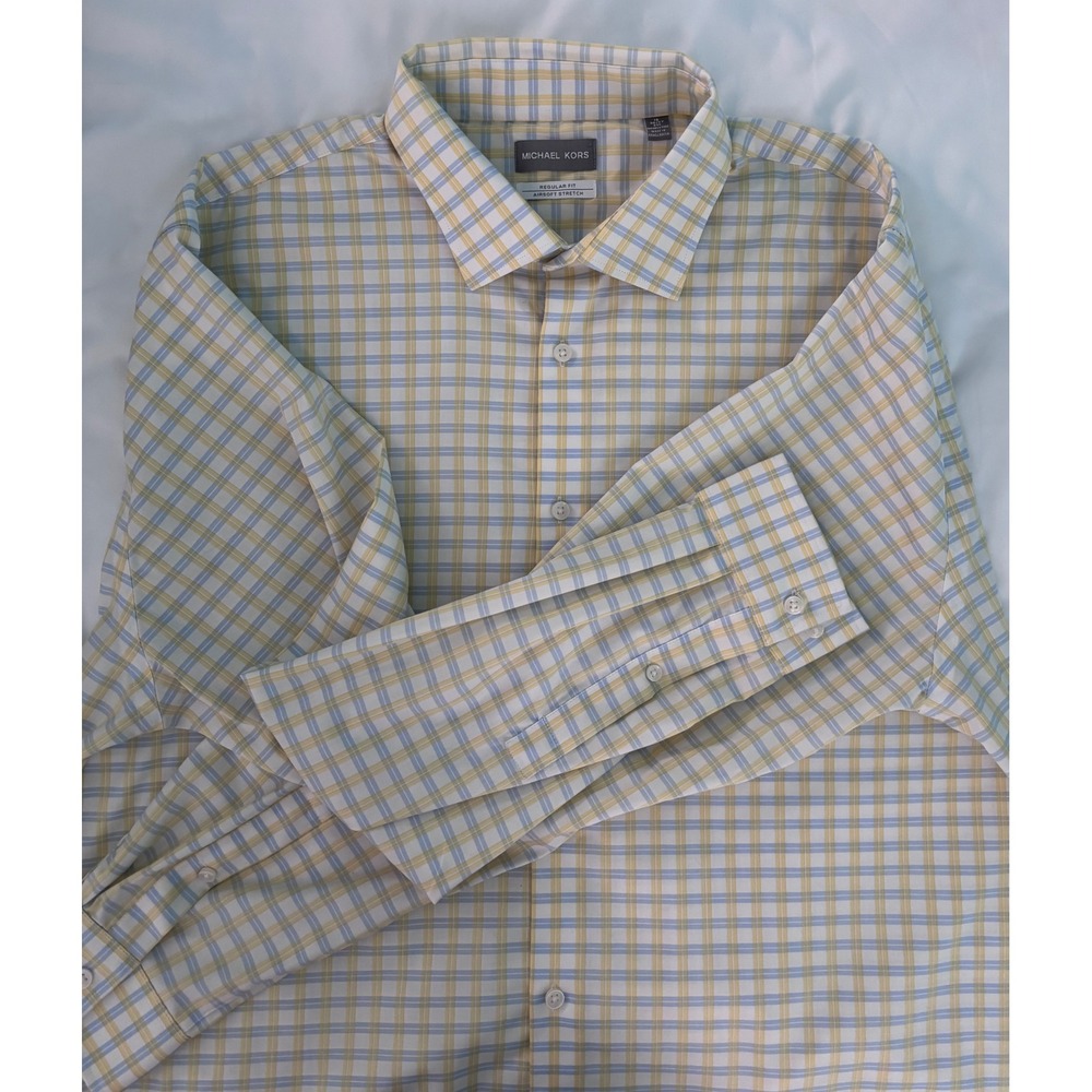 Michael Kors Yellow and Blue plaid Airsoft Stretch LS Dress Shirt Men's 2XL.
